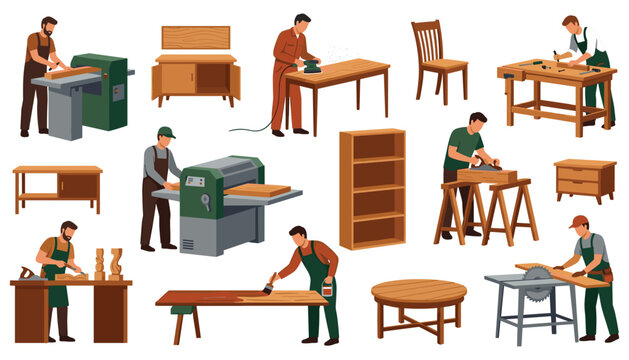 Carpentry and woodworking vector set with carpenters furniture making tools machinery saw workbench workshop elements for industrial design