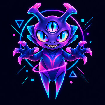 Neon cyberpunk alien character with three eyes and glowing geometric background