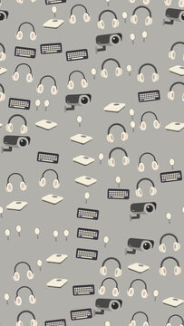 Pattern of keyboards, headphones, cameras, and scales