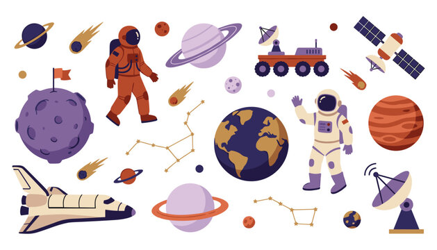 Astronauts and space exploration vector elements set with planets rocket rover satellites and constellations for cosmic design projects