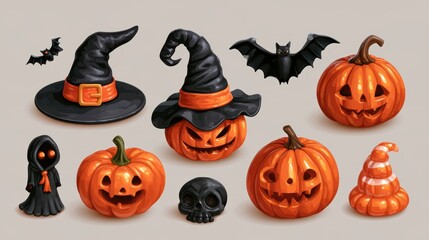 Fototapeta premium Halloween decorative items,pumpkin bucket,orange candy,jack-o-lantern,witch hat,spooky,scary,spider web,ghost,horror,black cat,festive,celebration,banner,element set on white background.