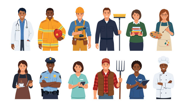 Diverse professions character vector set featuring different occupations and worker avatars isolated on a white background illustration