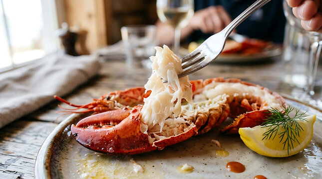 A hand using a fork to lift a piece of fresh cooked lobster meat from a red shell on a plate
