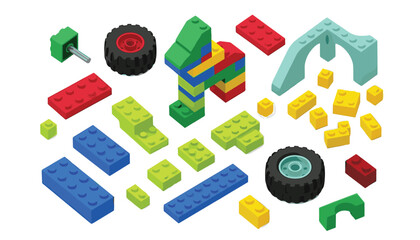 Naklejka premium Set of isometric plastic building blocks toy bricks wheels and construction elements isolated on white background vector
