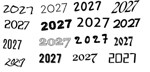 2027 New Year typographic pattern with multiple hand drawn and  font styles on transparent background   © Raza Visual Lab