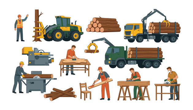 Lumberjack forestry and carpentry industry vector set featuring log trucks machinery woodworkers carpenters and timber manufacturing equipment