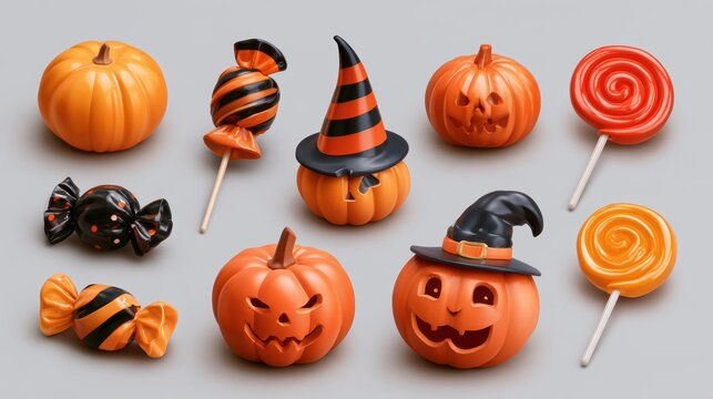 Halloween decorative items,pumpkin bucket,orange candy,jack-o-lantern,witch hat,spooky,scary,spider web,ghost,horror,black cat,festive,celebration,banner,element set on white background.