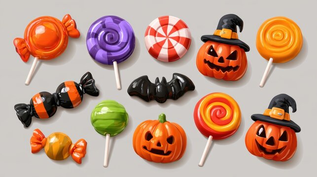 Halloween decorative items,pumpkin bucket,orange candy,jack-o-lantern,witch hat,spooky,scary,spider web,ghost,horror,black cat,festive,celebration,banner,element set on white background.