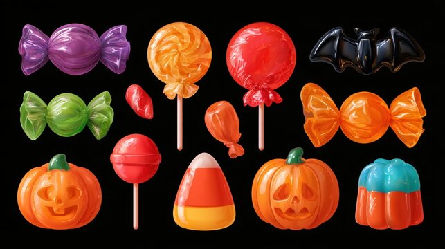 Halloween decorative items,pumpkin bucket,orange candy,jack-o-lantern,witch hat,spooky,scary,spider web,ghost,horror,black cat,festive,celebration,banner,element set on white background.