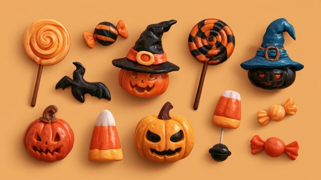 Halloween decorative items,pumpkin bucket,orange candy,jack-o-lantern,witch hat,spooky,scary,spider web,ghost,horror,black cat,festive,celebration,banner,element set on white background.