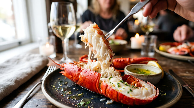 Fresh cooked lobster being lifted by a fork at a restaurant table