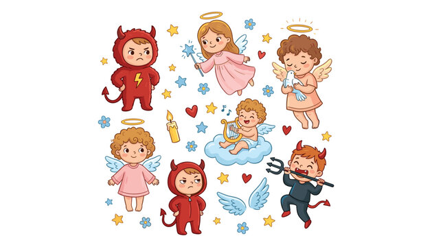 Cute angels and devils kids vector illustration collection featuring cartoon children in costumes wings halos and pitchforks