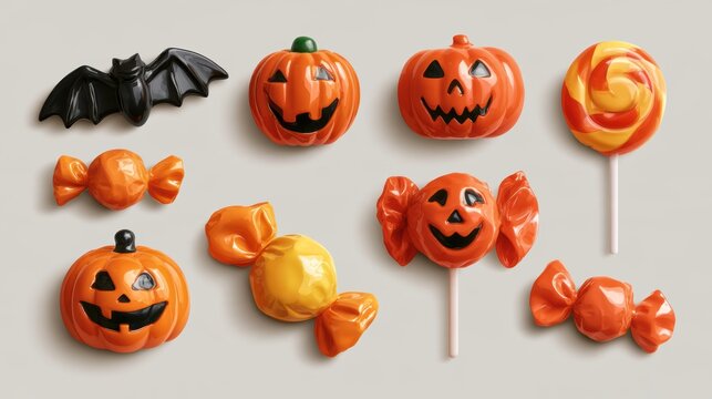 Halloween decorative items,pumpkin bucket,orange candy,jack-o-lantern,witch hat,spooky,scary,spider web,ghost,horror,black cat,festive,celebration,banner,element set on white background.