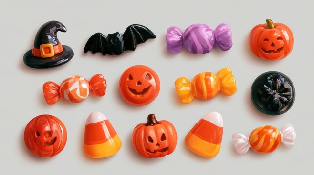 Halloween decorative items,pumpkin bucket,orange candy,jack-o-lantern,witch hat,spooky,scary,spider web,ghost,horror,black cat,festive,celebration,banner,element set on white background.