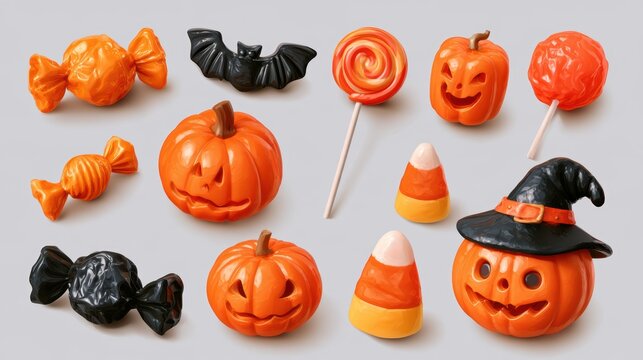 Halloween decorative items,pumpkin bucket,orange candy,jack-o-lantern,witch hat,spooky,scary,spider web,ghost,horror,black cat,festive,celebration,banner,element set on white background.