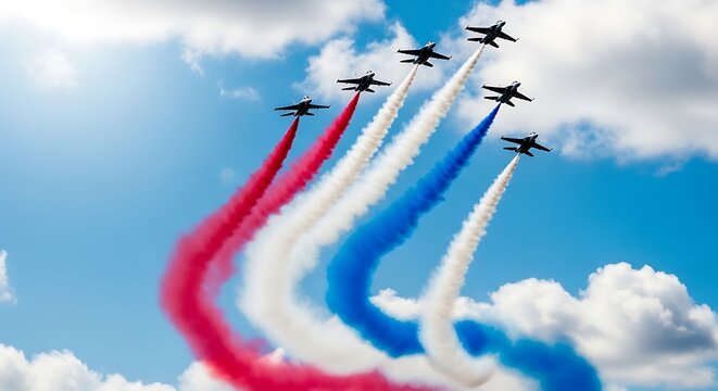 Military jets performing aerobatic stunt with red white and blue smoke trails