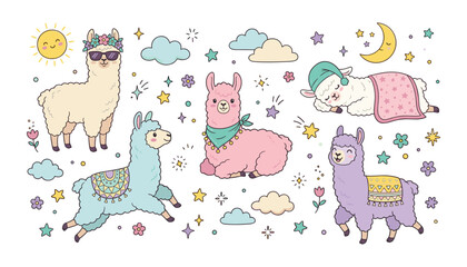 Obraz premium Cute llama and alpaca vector character collection featuring cartoon animals stars clouds and moon for nursery design