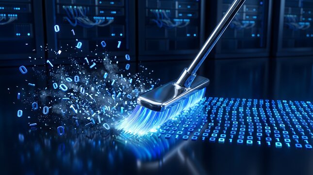Digital data cleanup concept a broom sweeps binary code clearing away scattered bits in a server room with glowing blue lights and racks.