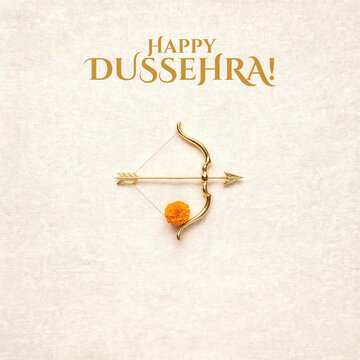 Golden Bow and Arrow with Flowers on Light Background Happy Shubh Dussehra