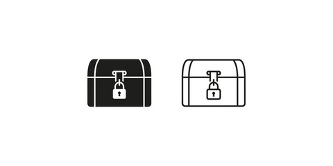 Locked wooden treasure chest icons in solid and outline styles for adventure games. © Saba