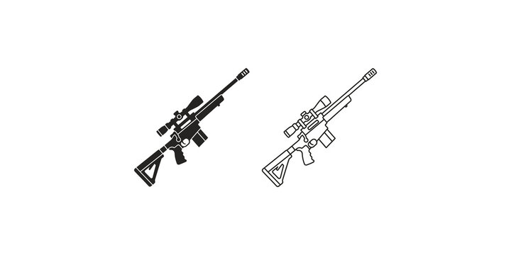 Sniper rifle firearm weapon silhouette and outline icons for military and gaming design.