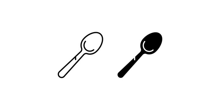 Kitchen spoon utensil icon set in outline and solid black for cooking and dining.