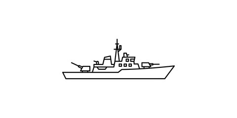 Military frigate warship line art illustration for naval defense and marine transport. © Saba