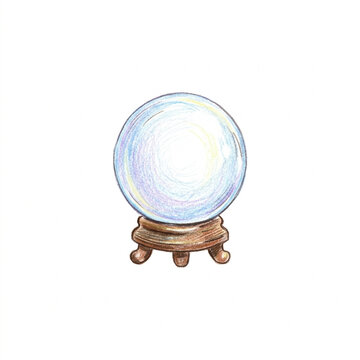 Hand drawn illustration of a magic crystal ball on a wooden stand isolated on white background
