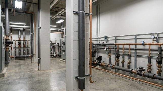 Commercial mechanical utility room with foam pipe insulation