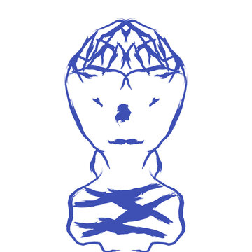Abstract blue sketch of alien or human head with exposed brain vector illustration