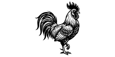 Black and white stylized rooster illustration with detailed feather texture. © Saba
