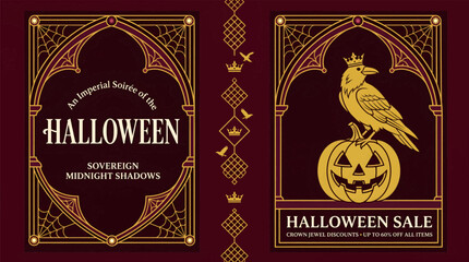 Obraz premium Elegant halloween themed invitation featuring regal bird and jack o' lantern under ornate gothic arches
