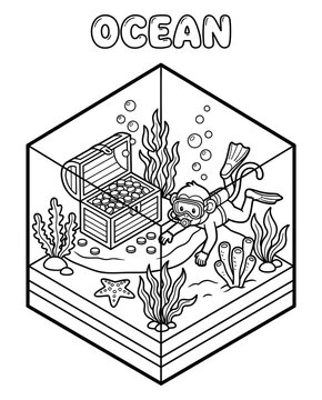 3D Word Building Activity for Preschool Children Underwater Adventure Coloring Page with Treasure Chest  Isometric Vocabulary Builder for Kids Visual English Vocabulary Learning Worksheet