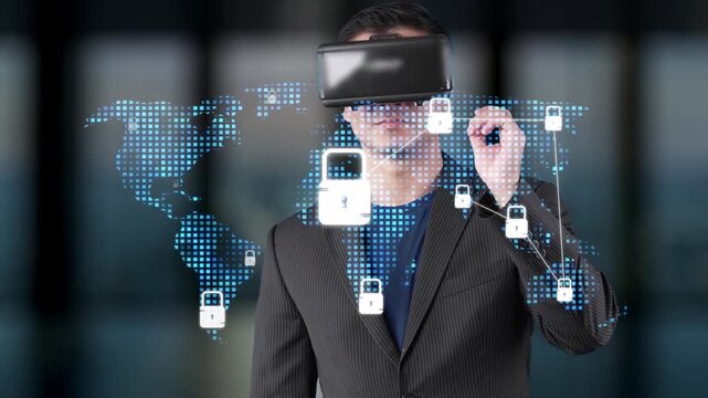 A businessman uses a virtual reality headset connected to a digital world map, showcasing key concepts of security and innovation in the technology landscape. Raster