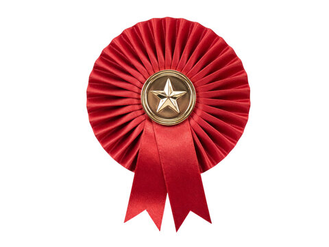 Red rosette ribbon with gold star against isolated on transparent background