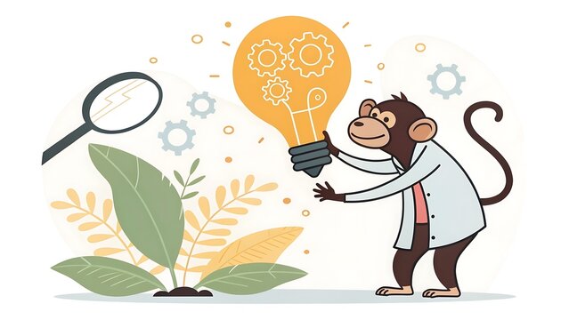 Illustration of a monkey scientist holding a glowing lightbulb idea near a plant while looking through a magnifying glass with problem solv