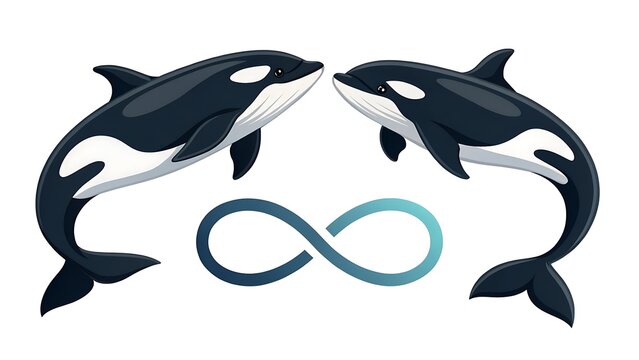 Two killer whales leaping with an infinity symbol beneath them symbolizing deep connection and partnership killer whale marine life