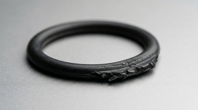 Damaged nitrile rubber o-ring with nibbled extrusion wear