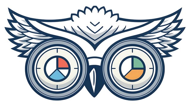 Wise owl character with pie chart eyes representing data analysis business intelligence strategic insight data visualization analytics
