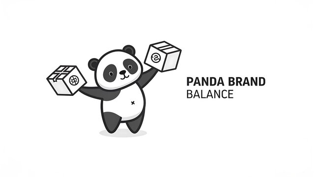 Minimalist panda bear character balancing two cargo shipping boxes with brand management business mascot minimalist design supply chain