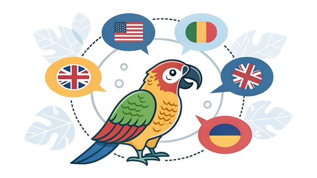 Colorful parrot surrounded by floating speech bubbles containing international flags representing language learning and communication