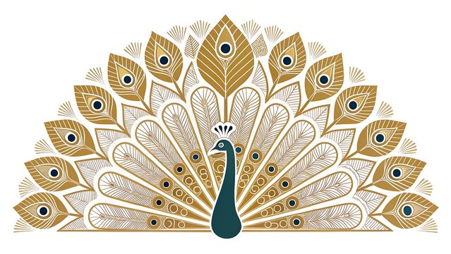 Decorative peacock illustration with ornate gold and teal fan feathers in a folk art style isolated on white background