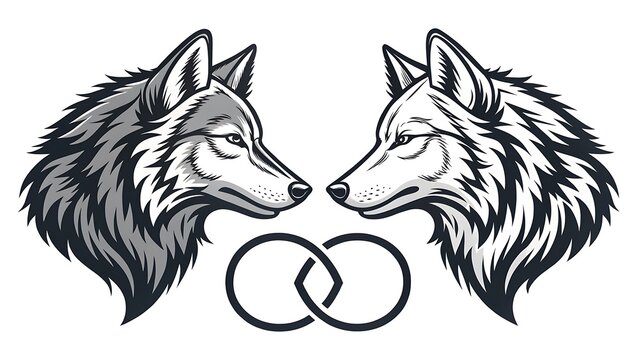 Two wolf heads facing each other with interlocked wedding rings in vintage engraving vector style animal portraits wild wolves portrait
