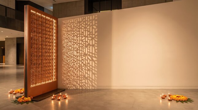Intricate geometric light projection on a wall with traditional diya lamps and marigold flowers
