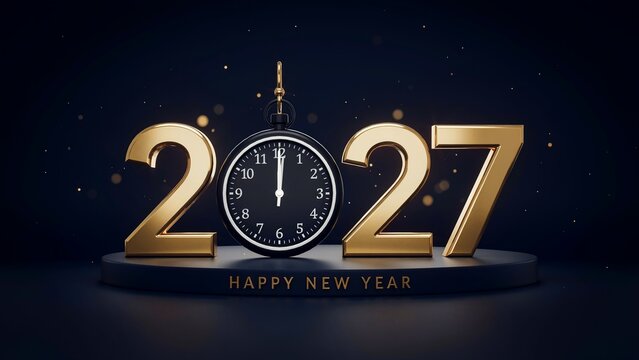 Golden numbers twenty twenty seven featuring elegant pocket watch midnight countdown against dark festive bokeh background