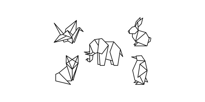 Origami paper style animal set with geometric crane elephant fox rabbit and penguin for modern art decor projects.