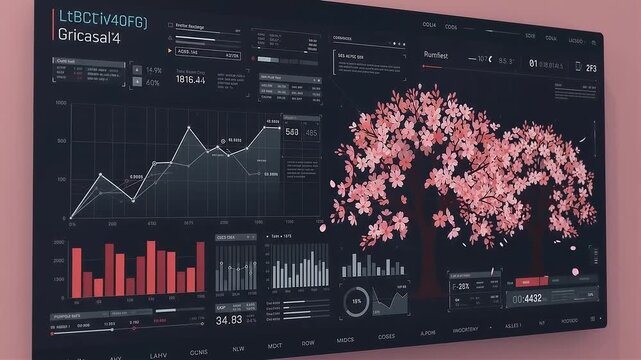Digital dashboard screen displaying financial charts, analytics, and abstract pink tree graphics for business intelligence