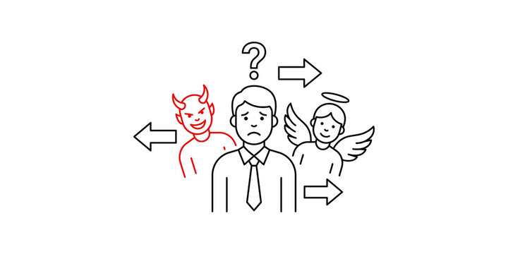 Man facing dilemma between devil and angel characters representing moral conflict choice decision making concept.