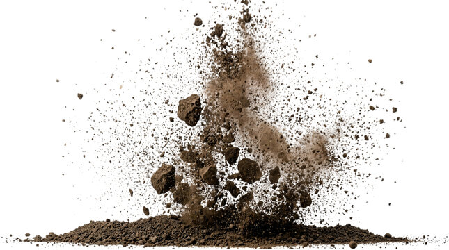 Explosion of dirt and rocks mid-air against isolated on transparent background