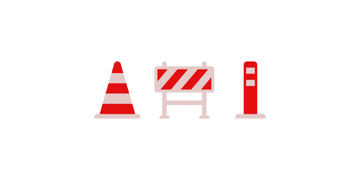 Road construction hazard signs featuring red white striped traffic cone barrier and pylon icons for warning systems.